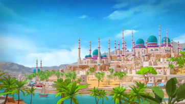 Panoramic 3D low poly desert city oasis with Islamic architecture, palm trees, and mountain backdrop
