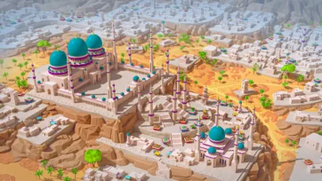Aerial view of 3D low poly Islamic mosque complex with multiple turquoise domes, minarets, and geometric courtyard design