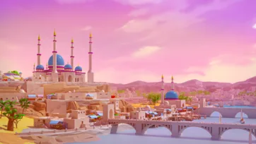 Low poly desert mosque with blue domes at sunset with pink purple sky and stone bridge over water
