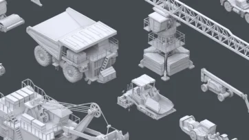 3D wireframe modeling view of construction vehicles including dump trucks, excavators and cranes showing mesh geometry