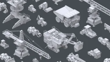3D wireframe view of heavy machinery collection showing construction vehicles, cranes and industrial equipment mesh structure