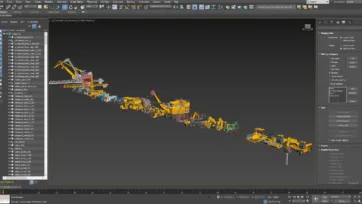 3ds Max software interface displaying heavy machinery collection with construction and industrial vehicle 3D models