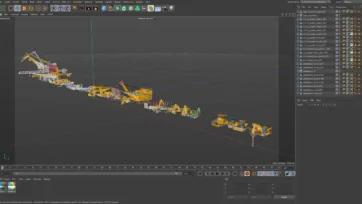 Cinema 4D software interface showing heavy machinery 3D collection with construction vehicles and equipment models