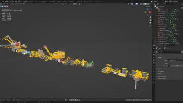 Blender 3D software viewport showing heavy machinery collection with construction vehicles, cranes and equipment models