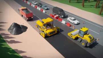 3D low poly road construction equipment scene with asphalt paver, road roller and traffic barriers on highway