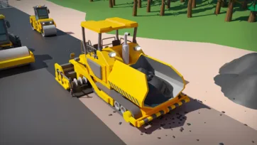 3D low poly tracked asphalt paver machine working on road construction project with road roller in background