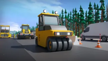 3D low poly road roller and construction equipment working on highway project through forest landscape