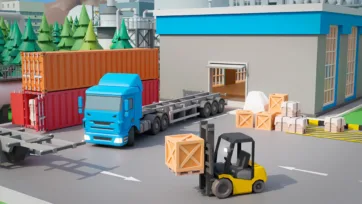 3D low poly cargo truck and forklift at industrial warehouse with shipping containers and cargo operations