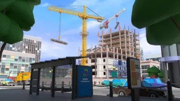 3D low poly construction cranes building development in city environment with multiple tower cranes and urban skyline