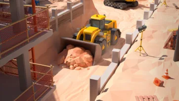 3D low poly wheel loader moving materials at construction site with safety barriers and building equipment
