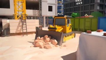 3D low poly bulldozer operating at urban construction site with crane and building development project