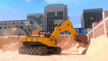 3D low poly excavator working at urban construction site with city buildings and earth moving operations