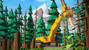 3D low poly wood chipper forestry equipment processing timber in mountain forest environment