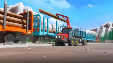 3D low poly logging truck with timber trailer transporting logs through mountain forest landscape