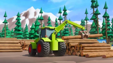 3D low poly forestry tractor with crane attachment handling timber logs in mountain forest logging operations