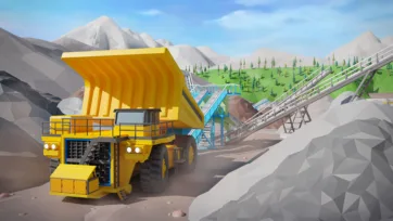 3D low poly mining dump truck at quarry site with conveyor belt system, rocky terrain and industrial processing equipment
