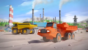 3D low poly mining dump trucks at industrial complex with factory smokestacks, mountains and heavy machinery operations