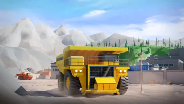 3D low poly mining dump truck at industrial facility with mountains, processing plant buildings and heavy machinery equipment