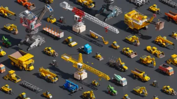 3D low poly construction machinery overview showing diverse heavy equipment, cranes, excavators and industrial vehicles collection