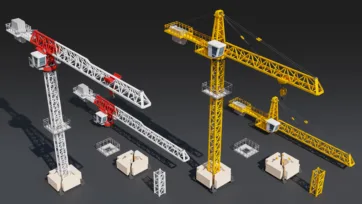 3D low poly tower cranes and construction site equipment with detailed crane structures and building materials