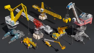 3D low poly construction cranes and lifting equipment including tower cranes, mobile cranes and heavy lifting machinery