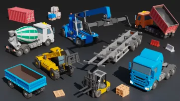 3D low poly logistics and transport vehicles featuring concrete mixer, container truck, forklift and shipping containers