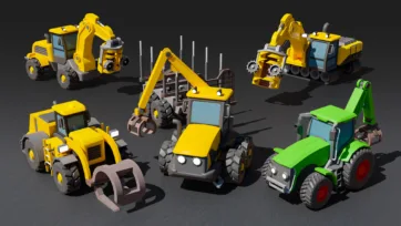 3D low poly agricultural and construction vehicles featuring tractors, excavators with different attachments and farming equipment
