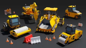 3D low poly road construction machinery including asphalt paver, steamroller, excavator and compactor vehicles with traffic cones