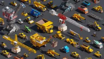3D low poly heavy machinery collection featuring construction vehicles, excavators, cranes, bulldozers, and industrial equipment for game development