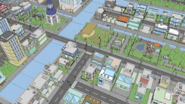 City center featuring public spaces, amphitheater, park areas, civic buildings, and mixed-use development in low poly style
