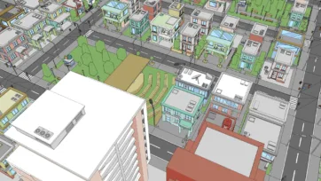 Low poly residential neighborhood with city blocks, houses, parks, crosswalks, and urban infrastructure for game development