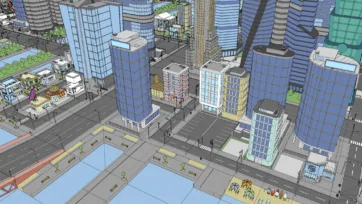 Detailed low poly city street view with skyscrapers, roads, crosswalks, and urban infrastructure