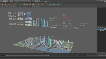 Maya 3D software interface displaying city scene with urban development and asset libraries
