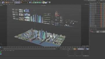 Cinema 4D interface showing city assets and 3D urban environment with building collections