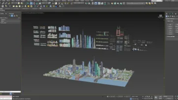 3ds Max city modeling interface displaying urban scene with skyscrapers and asset collections