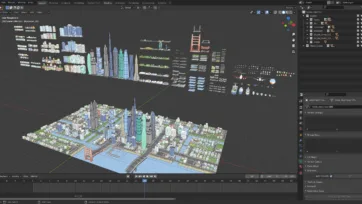 Blender 3D city pack asset library showing complete urban environment with buildings and vehicles