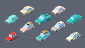 Isometric low poly vehicle collection featuring trucks, cars, and SUVs in various colors