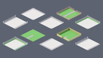 Isometric 3D platform foundations with fence variations and green surfaces for low poly city construction