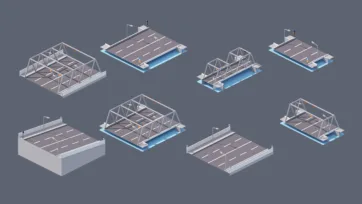 Isometric bridge structures collection featuring transportation infrastructure, waterway crossings, and engineering construction elements