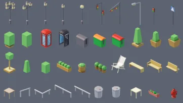3D city street furniture collection with traffic lights, phone booths, benches, trees, waste bins, and urban infrastructure elements