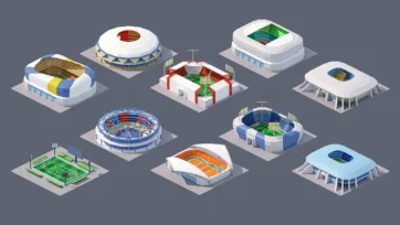 Low poly sports stadiums collection featuring football stadiums, basketball arenas, soccer fields, and modern sports venue architecture