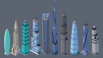 Isometric skyscrapers collection featuring iconic towers, urban landmarks, famous architectural designs, and distinctive city skyline elements