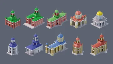 Isometric religious buildings collection with churches, temples, spiritual architecture, and diverse religious institutional structures