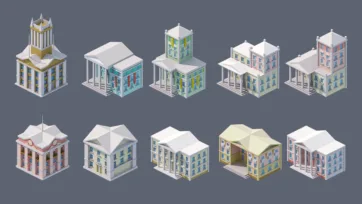 3D city government buildings featuring civic architecture, public structures, municipal buildings, and classical institutional design elements