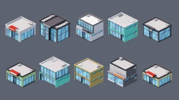 Isometric modern office buildings collection featuring commercial business centers, corporate architecture, and contemporary workplace structures