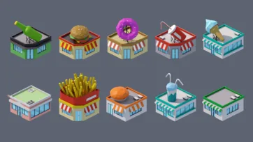 Isometric fast food restaurants collection with burger shops, donut stores, beverage stands, and commercial dining establishment designs
