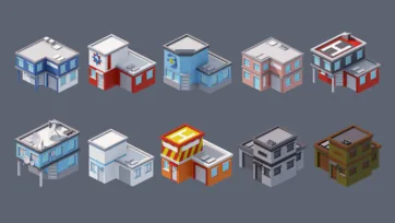 Low poly emergency buildings including fire stations, police departments, hospitals, and essential municipal service structures