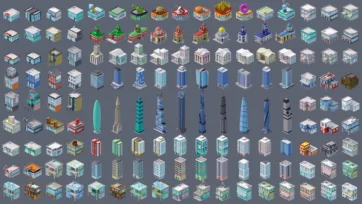 Low poly city buildings complete asset collection showing modular building pack with skyscrapers, restaurants, churches, residential houses, and commercial structures