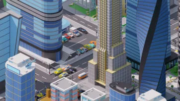 Isometric city scene with helicopter landing pad, business district office towers, parking structures, and high-rise urban development