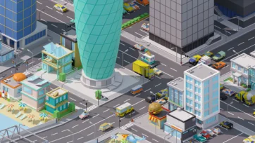 3D low poly city pack street-level view featuring burger restaurant with giant signage, modern skyscrapers, busy traffic, and detailed urban infrastructure